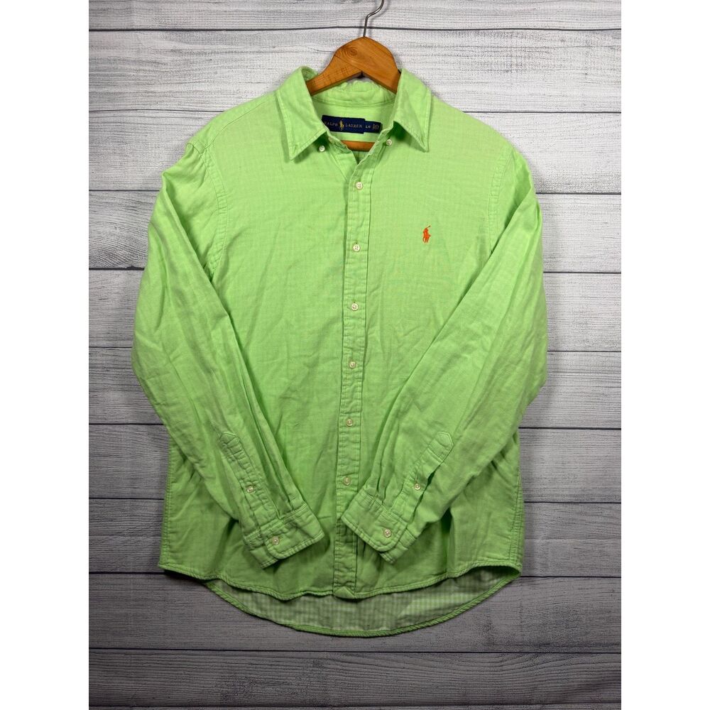 Ralph Lauren Men's L Green Cotton Button Down Shirt Orange Pony Logo 4398